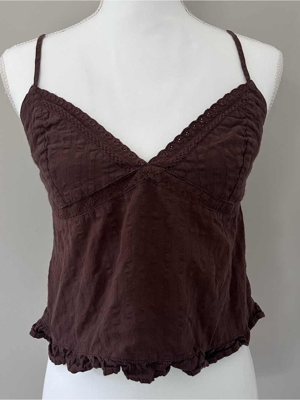 Pacsun Brown lace cami top with ruffled hem and back tie and button up back